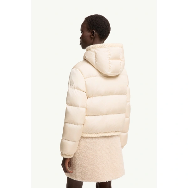Moncler Evocateur Hooded Short Down Jacket in Light Beige, view 5 | Women's Puffer Jackets | Coveti