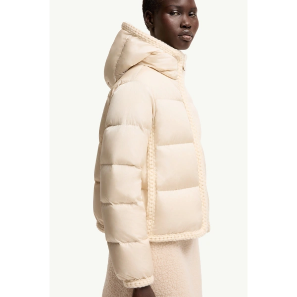 Moncler Evocateur Hooded Short Down Jacket in Light Beige, view 6 | Women's Puffer Jackets | Coveti