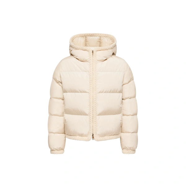 Moncler Evocateur Hooded Short Down Jacket in Light Beige | Women's Puffer Jackets | Coveti