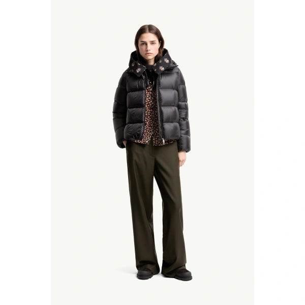 Moncler Feligule Hooded Short Down Jacket in Black, view 2 | Women's Puffer Jackets | Coveti