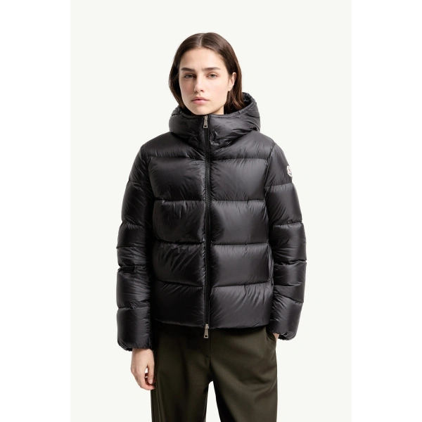 Moncler Feligule Hooded Short Down Jacket in Black, view 4 | Women's Puffer Jackets | Coveti