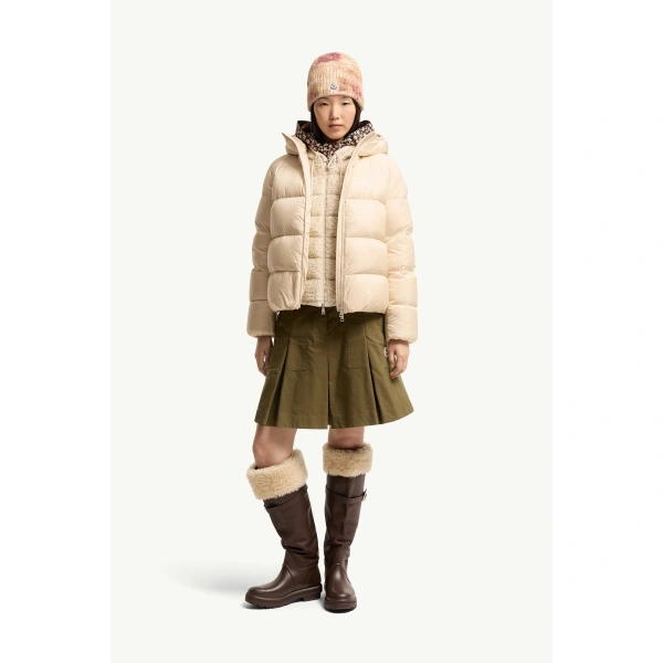 Moncler Feligule Hooded Short Down Jacket in Light Beige, view 2 | Women's Puffer Jackets | Coveti
