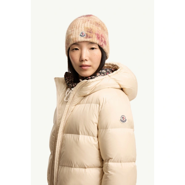 Moncler Feligule Hooded Short Down Jacket in Light Beige, view 3 | Women's Puffer Jackets | Coveti