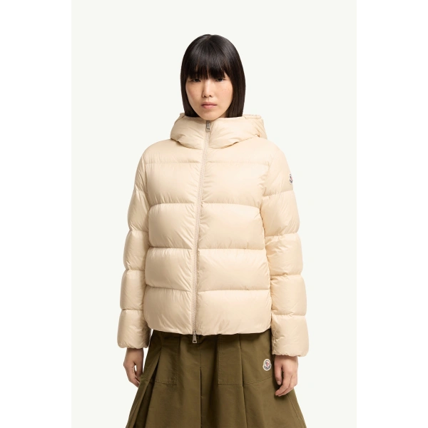 Moncler Feligule Hooded Short Down Jacket in Light Beige, view 4 | Women's Puffer Jackets | Coveti