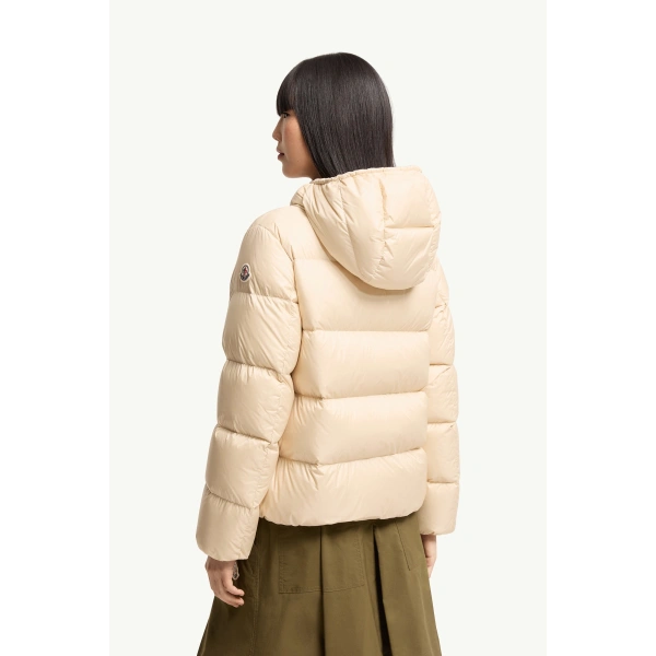 Moncler Feligule Hooded Short Down Jacket in Light Beige, view 5 | Women's Puffer Jackets | Coveti