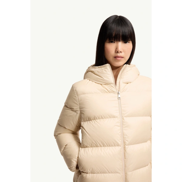 Moncler Feligule Hooded Short Down Jacket in Light Beige, view 6 | Women's Puffer Jackets | Coveti