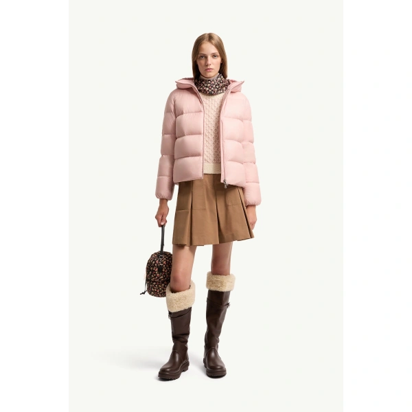 Moncler Feligule Hooded Short Down Jacket in Pink, view 2 | Women's Puffer Jackets | Coveti