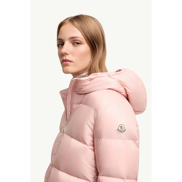 Moncler Feligule Hooded Short Down Jacket in Pink, view 3 | Women's Puffer Jackets | Coveti