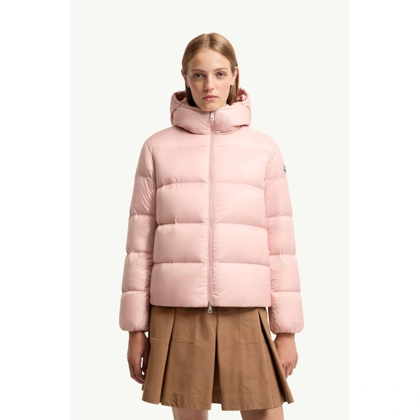 Moncler Feligule Hooded Short Down Jacket in Pink, view 4 | Women's Puffer Jackets | Coveti