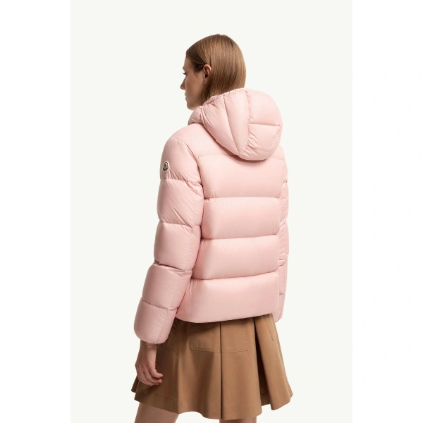 Moncler Feligule Hooded Short Down Jacket in Pink, view 5 | Women's Puffer Jackets | Coveti