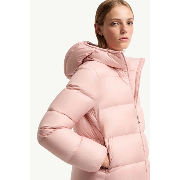 Moncler Feligule Hooded Short Down Jacket in Pink, view 6 | Women's Puffer Jackets | Coveti