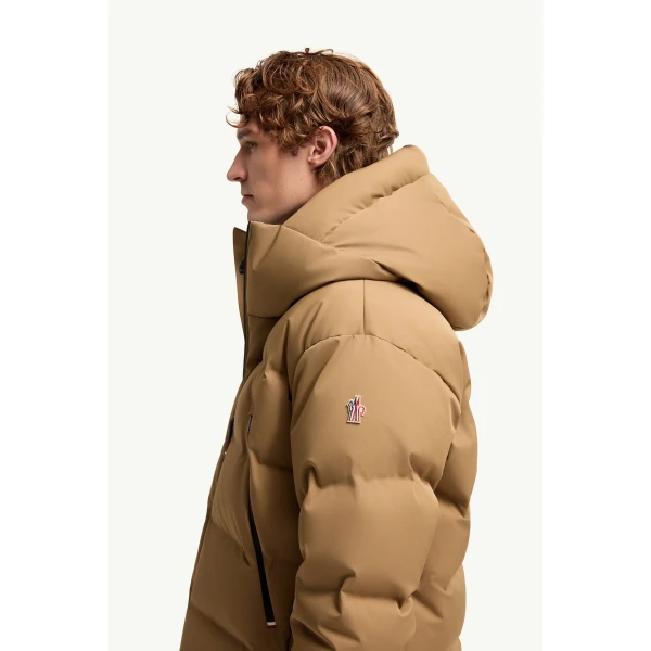 Moncler Fellberg Hooded Insulated Ski Jacket in Camel Beige, view 3 | Men's Skiwear | Coveti