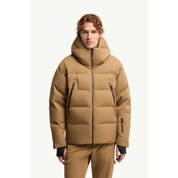 Moncler Fellberg Hooded Insulated Ski Jacket in Camel Beige, view 4 | Men's Skiwear | Coveti
