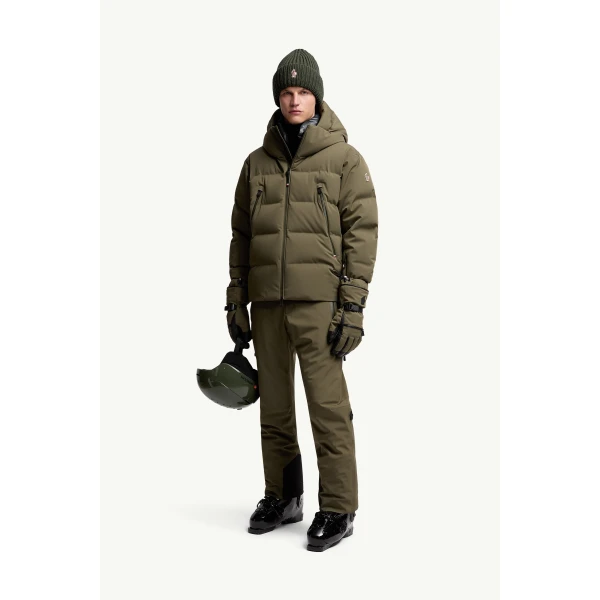 Moncler Fellberg Hooded Insulated Ski Jacket in Olive Green, view 2 | Men's Skiwear | Coveti