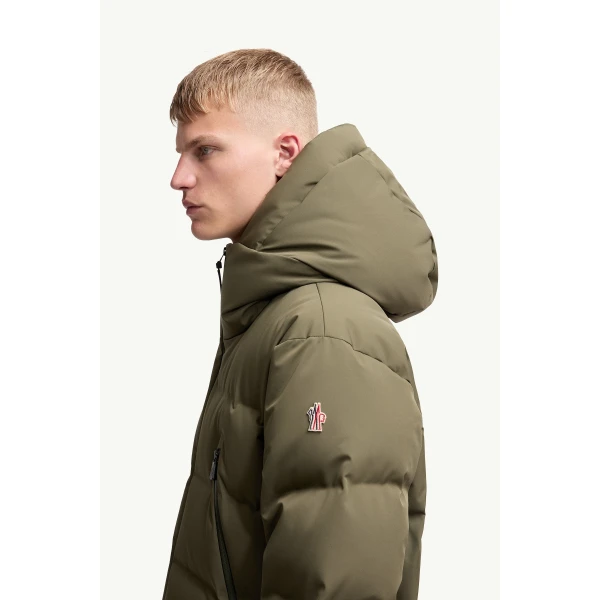 Moncler Fellberg Hooded Insulated Ski Jacket in Olive Green, view 3 | Men's Skiwear | Coveti