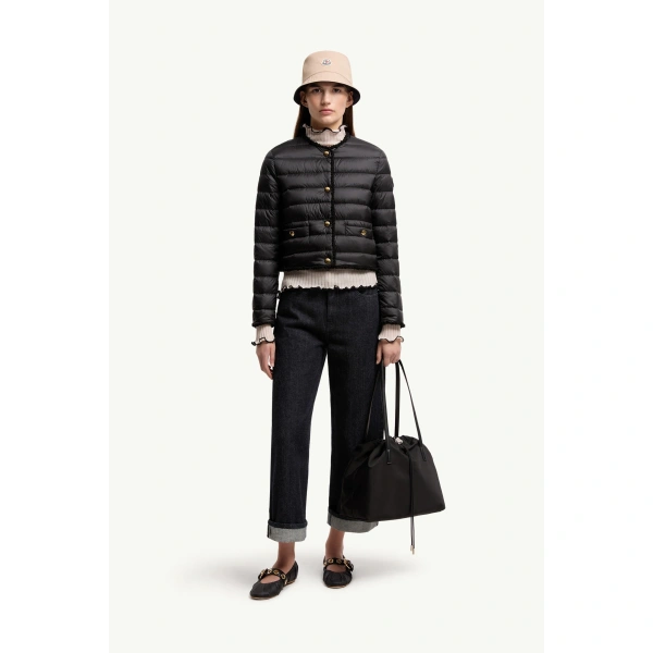 Moncler Fleurs Boucle-Trimmed Short Down Jacket in Black, view 2 | Women's Tweed Jackets | Coveti