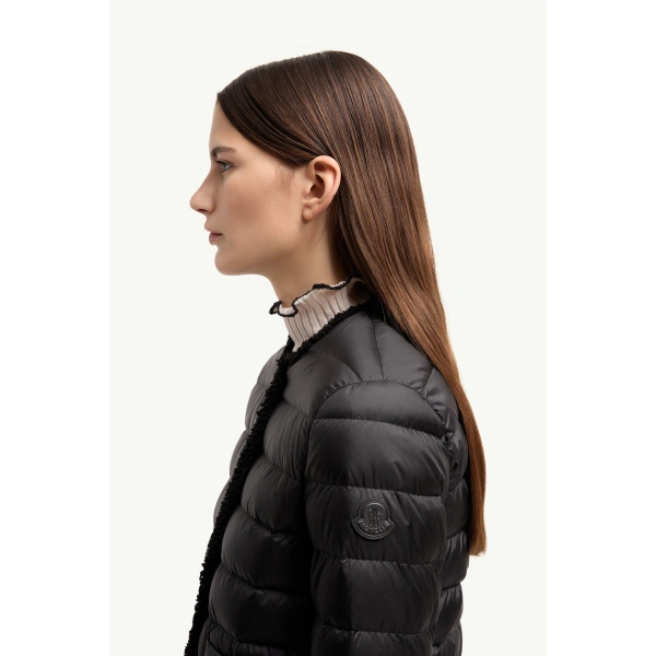 Moncler Fleurs Boucle-Trimmed Short Down Jacket in Black, view 3 | Women's Tweed Jackets | Coveti