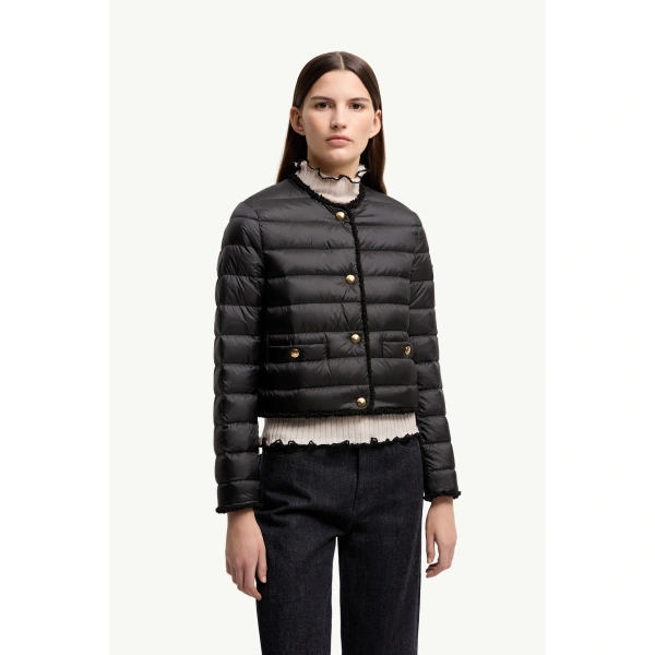 Moncler Fleurs Boucle-Trimmed Short Down Jacket in Black, view 4 | Women's Tweed Jackets | Coveti