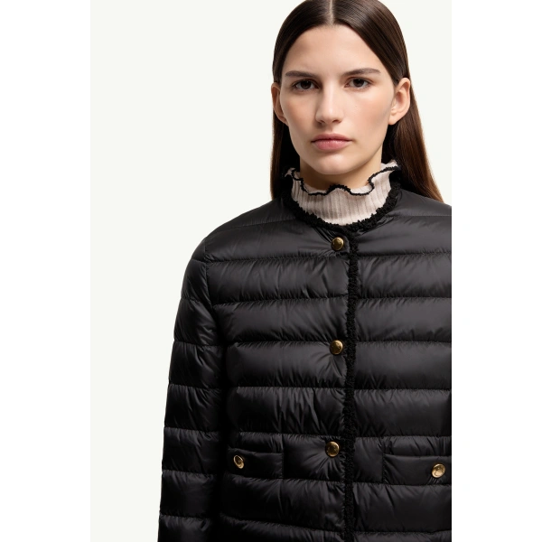 Moncler Fleurs Boucle-Trimmed Short Down Jacket in Black, view 6 | Women's Tweed Jackets | Coveti