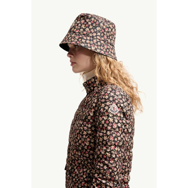 Moncler Florlans Packable Floral Down Jacket in Black & Pink, view 3 | Women's Puffer Jackets | Coveti
