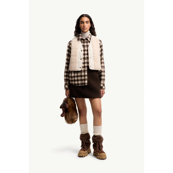 Moncler Fluffy Teddy Padded Gilet in White Ivory, view 2 | Women's Vests and Gilets | Coveti