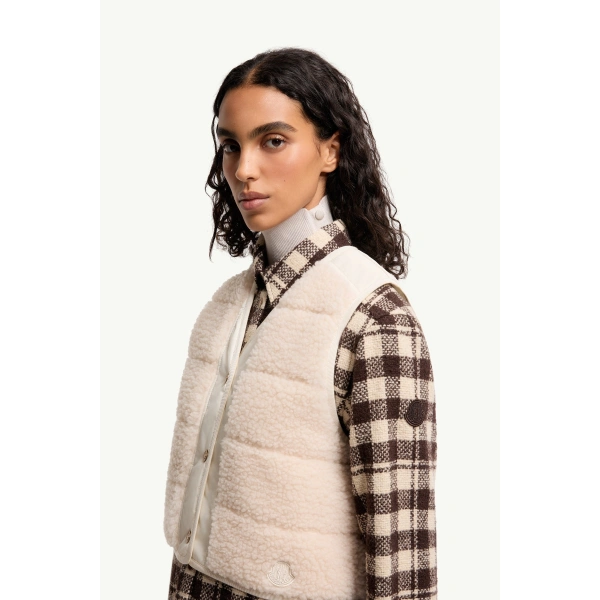 Moncler Fluffy Teddy Padded Gilet in White Ivory, view 3 | Women's Vests and Gilets | Coveti