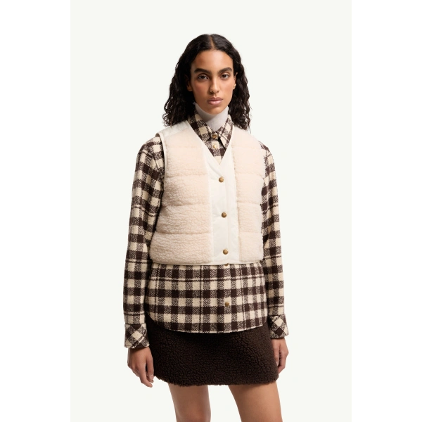 Moncler Fluffy Teddy Padded Gilet in White Ivory, view 4 | Women's Vests and Gilets | Coveti