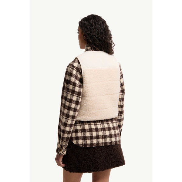 Moncler Fluffy Teddy Padded Gilet in White Ivory, view 5 | Women's Vests and Gilets | Coveti
