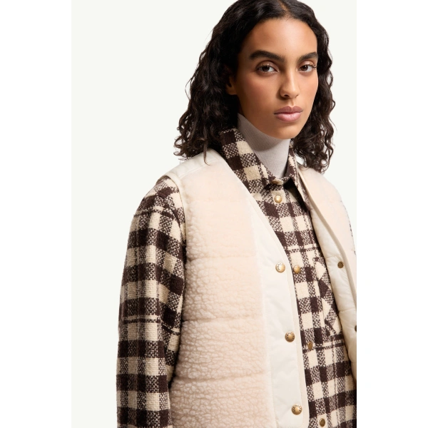 Moncler Fluffy Teddy Padded Gilet in White Ivory, view 6 | Women's Vests and Gilets | Coveti