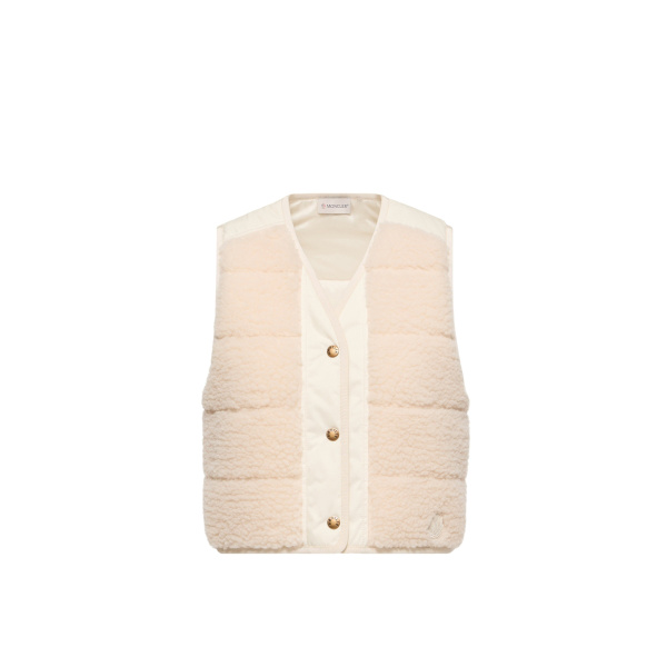 Moncler Fluffy Teddy Padded Gilet in White Ivory | Women's Vests and Gilets | Coveti