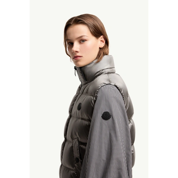 Moncler Fluidite Hooded Down Gilet in Silver, view 3 | Women's Vests and Gilets | Coveti