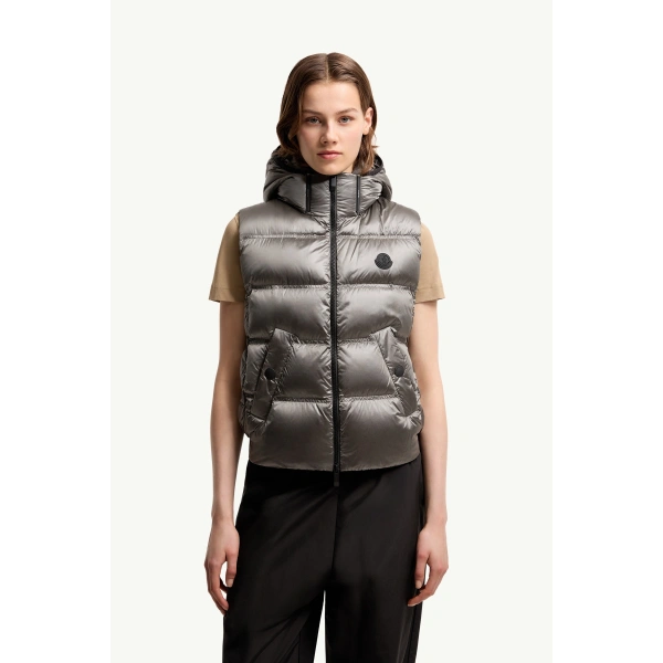 Moncler Fluidite Hooded Down Gilet in Silver, view 4 | Women's Vests and Gilets | Coveti