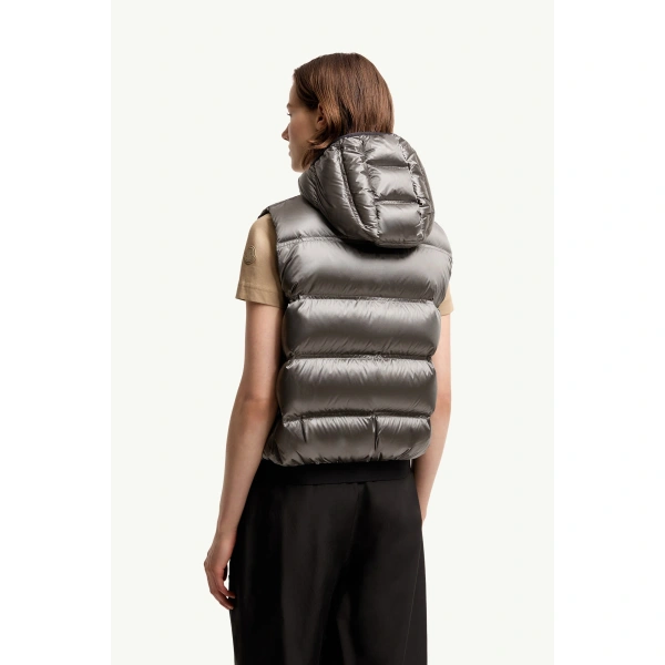 Moncler Fluidite Hooded Down Gilet in Silver, view 5 | Women's Vests and Gilets | Coveti