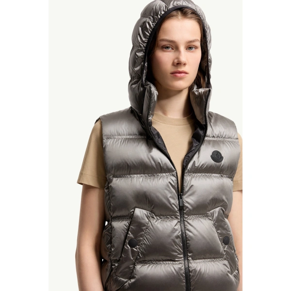 Moncler Fluidite Hooded Down Gilet in Silver, view 6 | Women's Vests and Gilets | Coveti