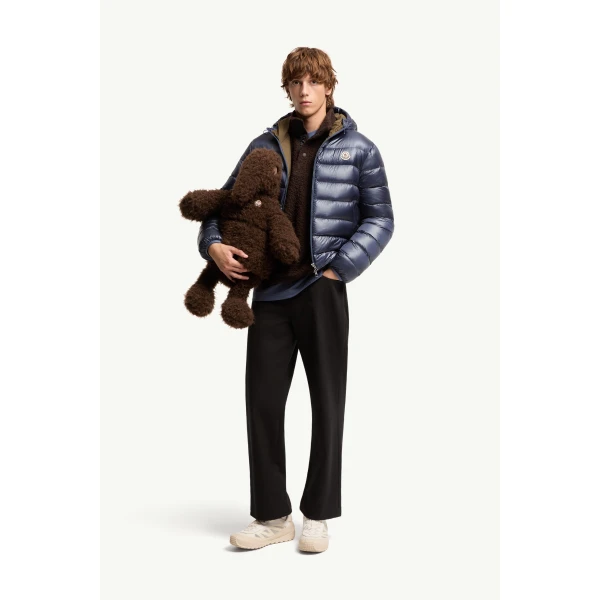 Moncler Forzo Hooded Packable Short Down Jacket in Dusty Blue, view 2 | Men's Jackets | Coveti