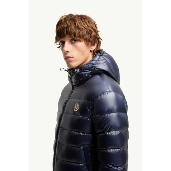 Moncler Forzo Hooded Packable Short Down Jacket in Dusty Blue, view 3 | Men's Jackets | Coveti
