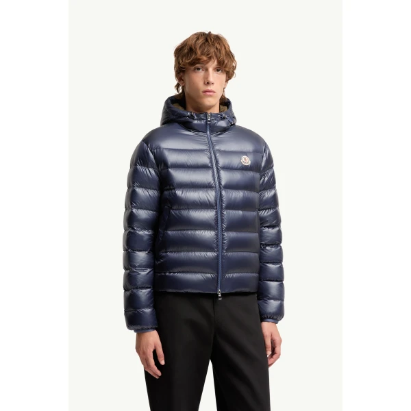 Moncler Forzo Hooded Packable Short Down Jacket in Dusty Blue, view 4 | Men's Jackets | Coveti