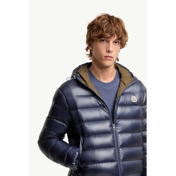 Moncler Forzo Hooded Packable Short Down Jacket in Dusty Blue, view 6 | Men's Jackets | Coveti