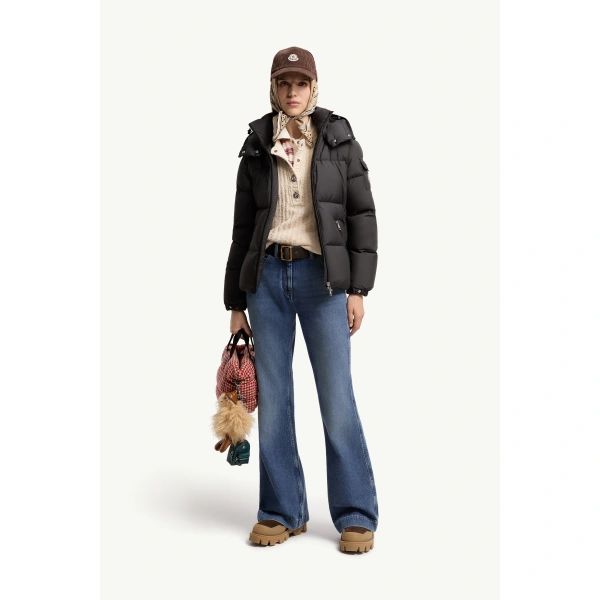 Moncler Fourmines Hooded Short Down Jacket in Black, view 2 | Women's Puffer Jackets | Coveti