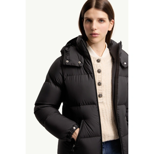 Moncler Fourmines Hooded Short Down Jacket in Black, view 6 | Women's Puffer Jackets | Coveti