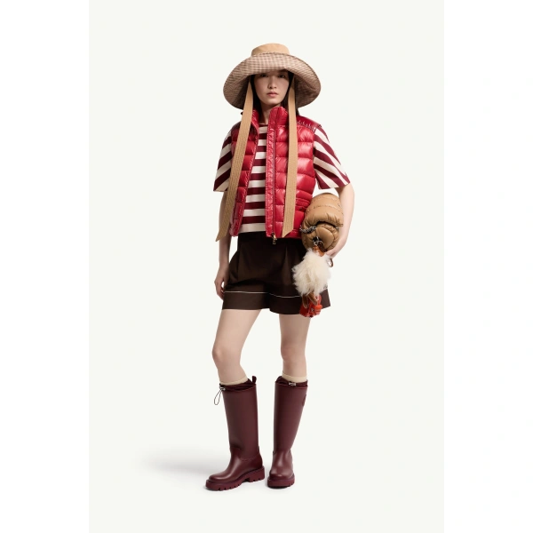 Moncler Frelon Down Gilet in Bright Red, view 2 | Women's Vests and Gilets | Coveti