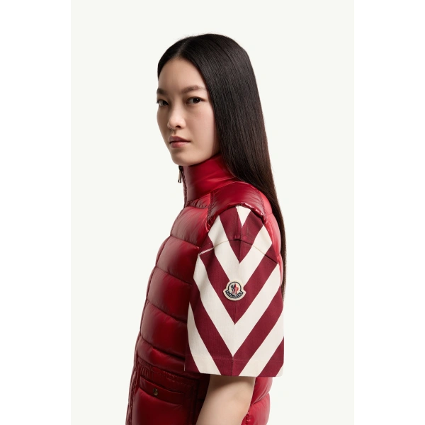 Moncler Frelon Down Gilet in Bright Red, view 3 | Women's Vests and Gilets | Coveti