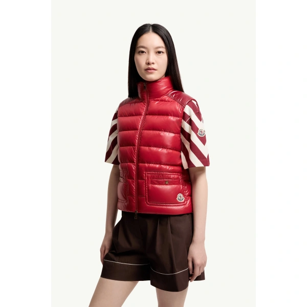 Moncler Frelon Down Gilet in Bright Red, view 4 | Women's Vests and Gilets | Coveti