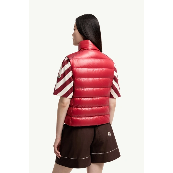 Moncler Frelon Down Gilet in Bright Red, view 5 | Women's Vests and Gilets | Coveti