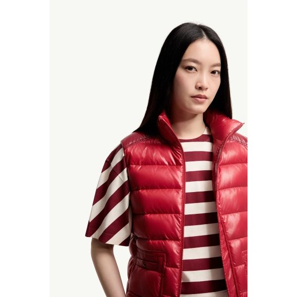 Moncler Frelon Down Gilet in Bright Red, view 6 | Women's Vests and Gilets | Coveti