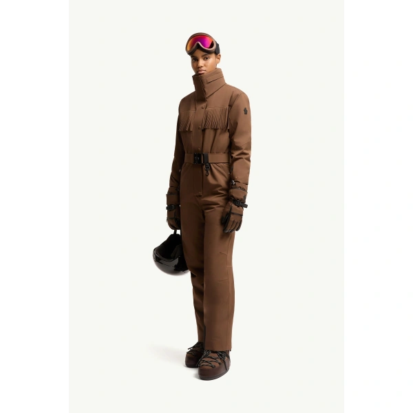 Moncler Fringe-Trimmed Ski Suit in Brown, view 2 | Women's Ski Suits | Coveti