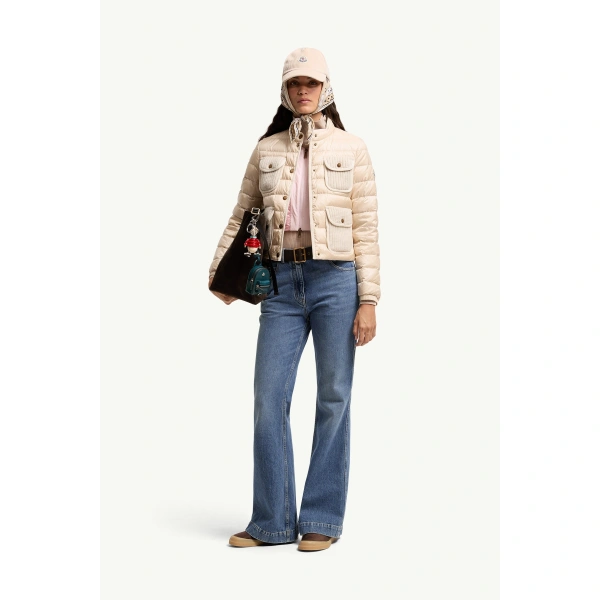 Moncler Furet Wool & Cashmere Trimmed Short Down Jacket in Light Beige, view 2 | Women's Puffer Jackets | Coveti