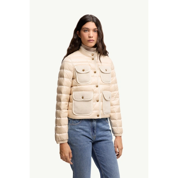 Moncler Furet Wool & Cashmere Trimmed Short Down Jacket in Light Beige, view 4 | Women's Puffer Jackets | Coveti
