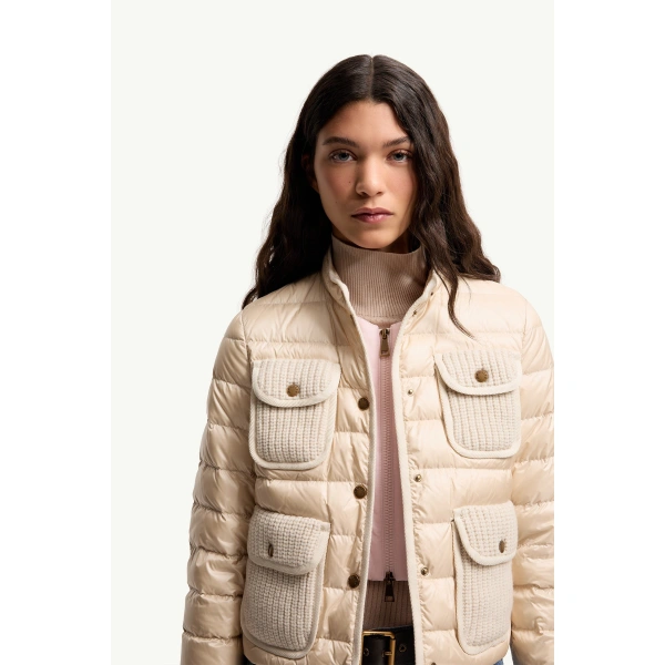 Moncler Furet Wool & Cashmere Trimmed Short Down Jacket in Light Beige, view 6 | Women's Puffer Jackets | Coveti