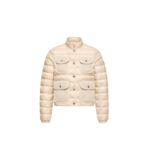 Moncler Furet Wool & Cashmere Trimmed Short Down Jacket in Light Beige | Women's Puffer Jackets | Coveti